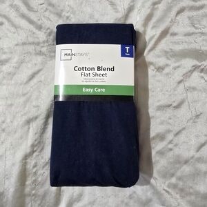 NWT Mainstays Navy Blue Easy Care Cotton Blend Twin Flat Sheet